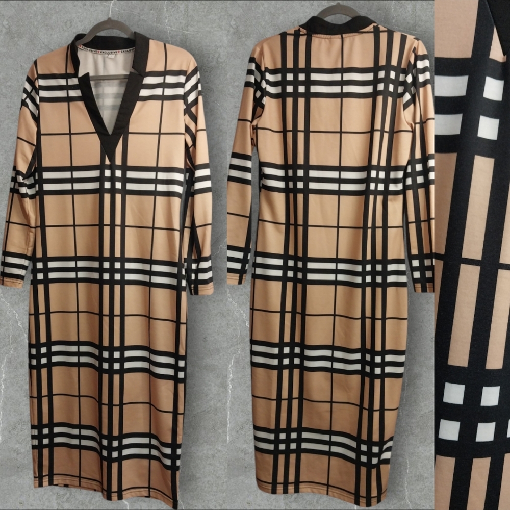 Vintage Print Pencil Dresses NWOT Long Sleeve V Neck Knee Length Large No Belt
